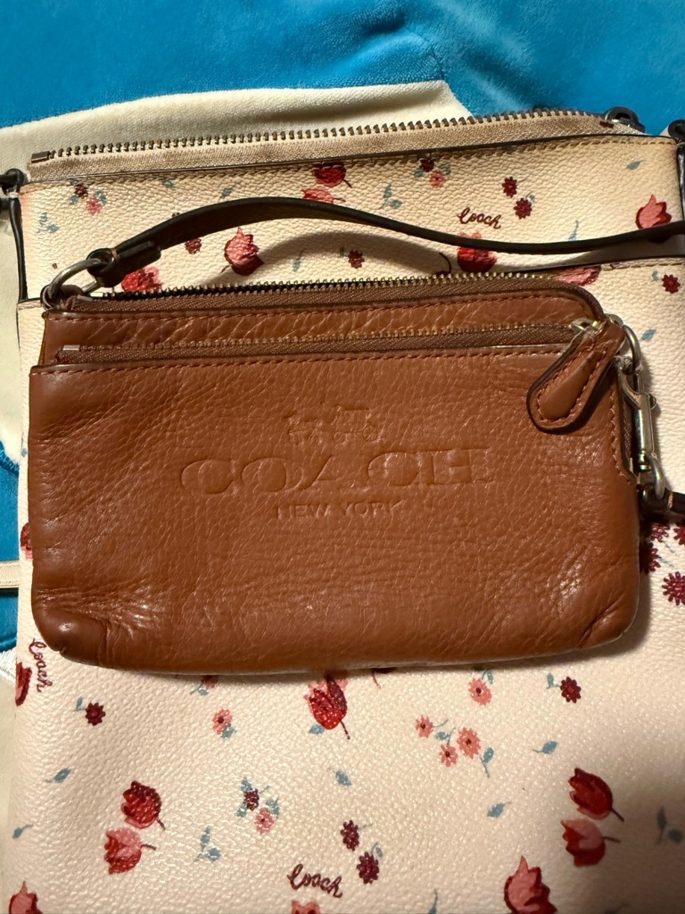 Coach Brown Embossed Leather Double Pouch Wristlet